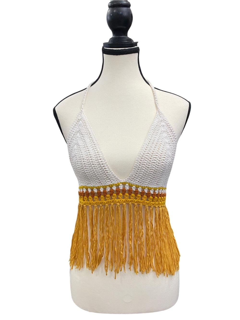 Crochet Fringe Halter Top in White and Mustard